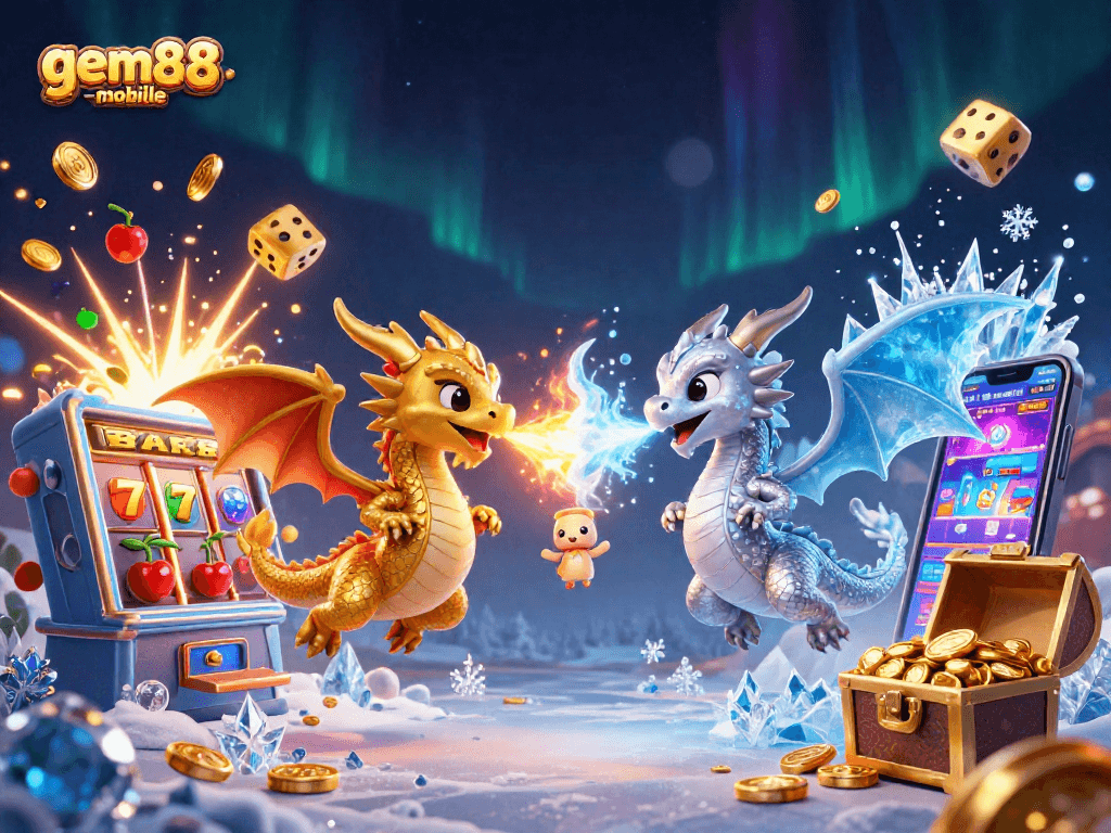Spin the reels with gem88-mobile, showcasing a magical scene of dragons and casino elements.