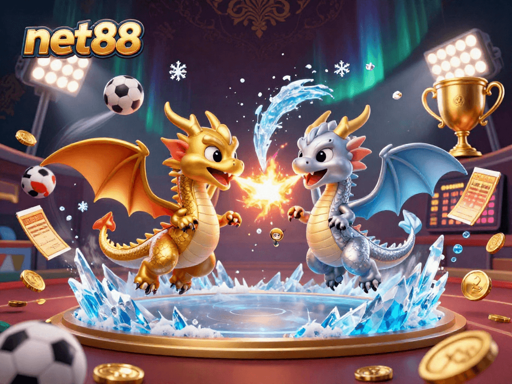 net88 challenges in gaming visualized with dynamic dragons, sports elements, and exciting betting action