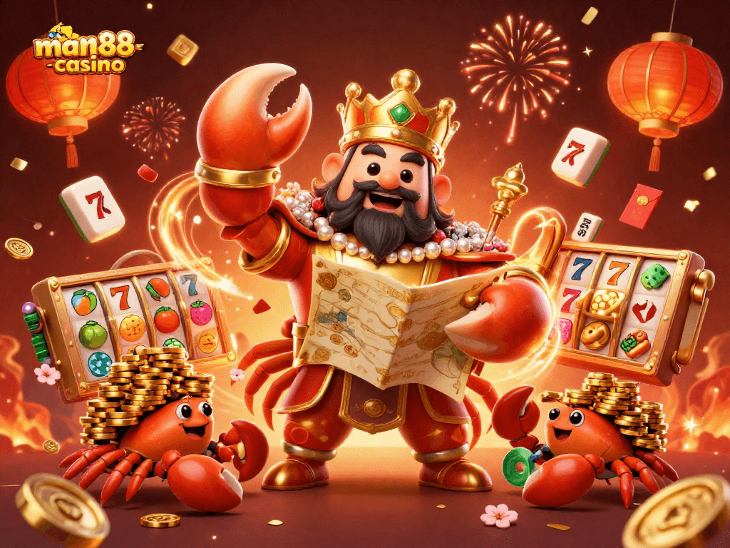 Experience thrilling wins at man88-casino with golden crab emperor amidst vibrant gaming elements.
