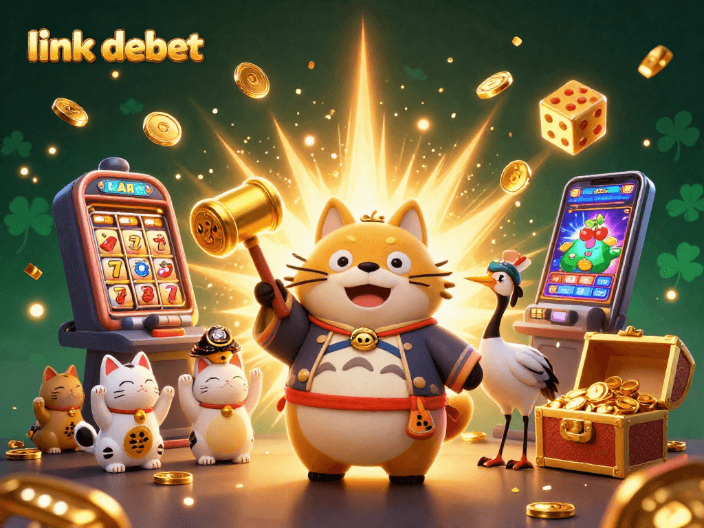 Experience thrilling wins with link debet as lucky tanuki and fortune cats celebrate at the casino.