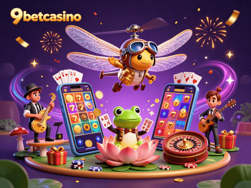 9betcasino showcases vibrant 3D digital illustration of a casino scene brimming with excitement.
