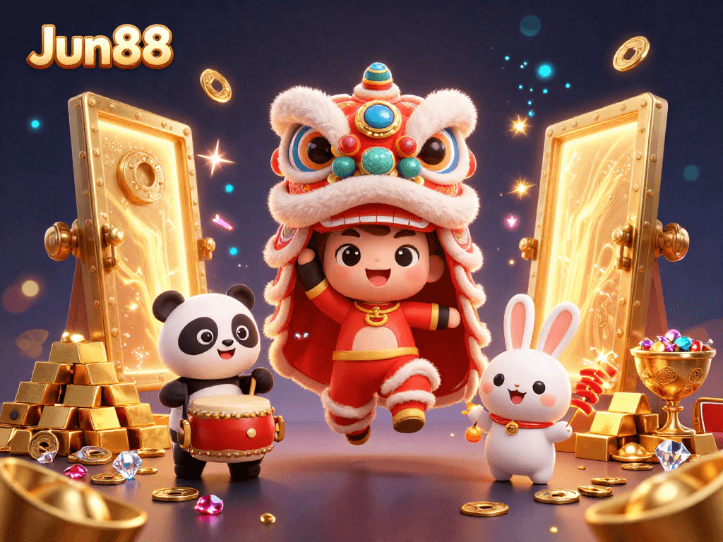 Experience the excitement at Jun88 with a vibrant casino celebration featuring dancing characters and gold treasures.