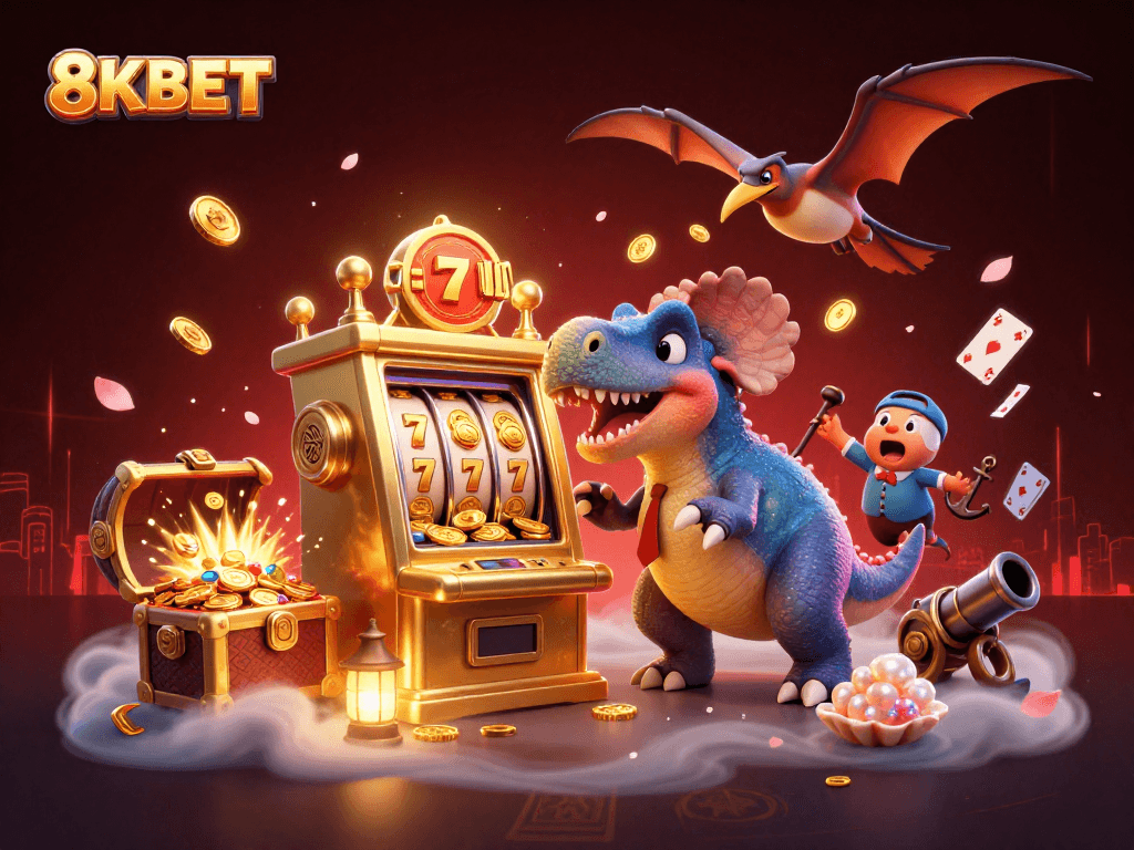 Experience the excitement of 8KBET with a pachycephalosaurus headbutting a slot machine for jackpot coins.