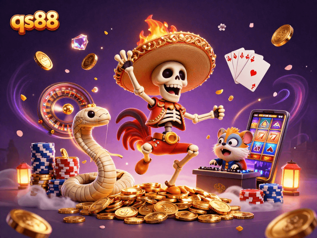 qs88 brings excitement with a dynamic casino scene featuring a dancing mariachi rooster and a DJ hamster.