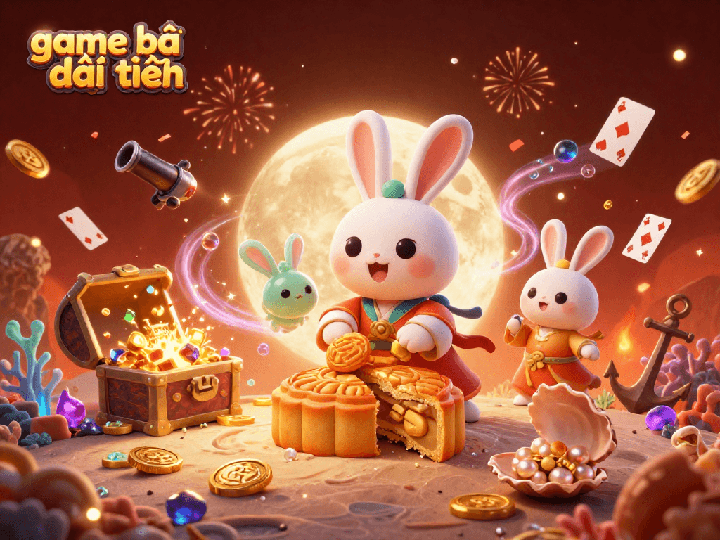 Play game bài đổi thưởng with an enchanting scene of moon rabbits and casino treasures