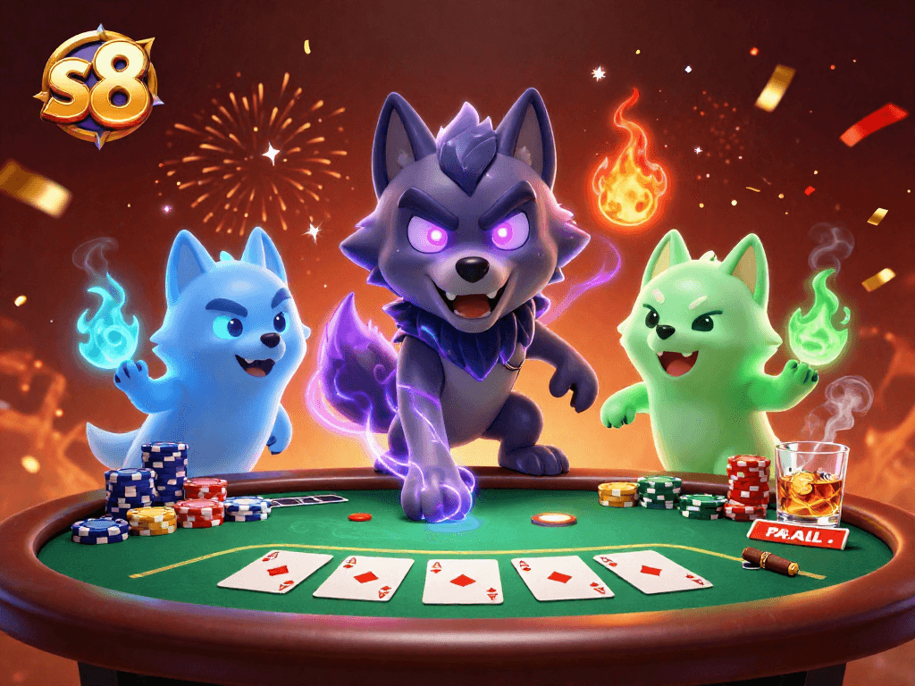 Experience thrilling poker action with s8's energetic shadow wolf pack at the table, featuring vibrant chips and cards.