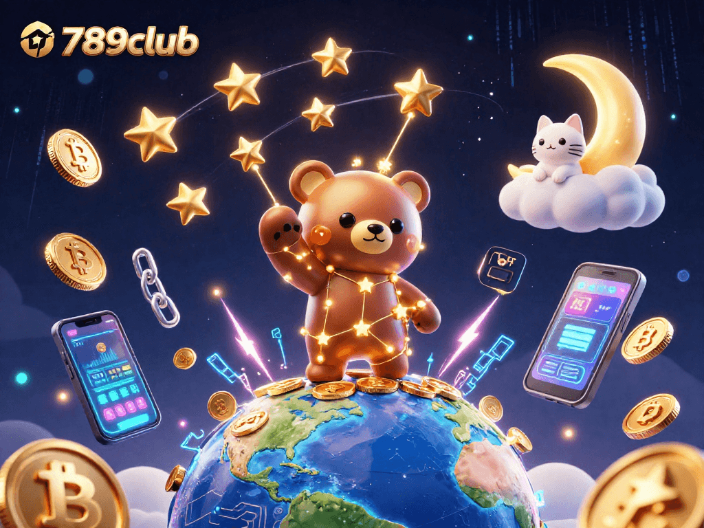 Experience thrilling gaming with 789club, a dynamic scene featuring astro characters and crypto elements.