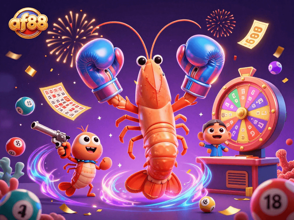 Experience the thrill of af88 with vibrant characters and dynamic lottery elements in a colorful casino setting.