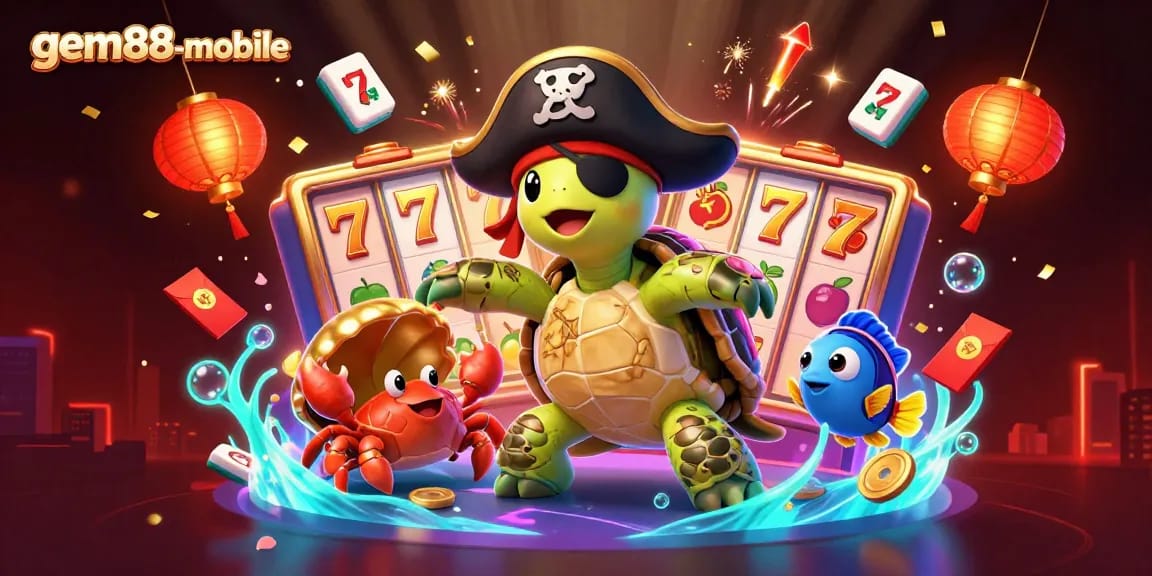 Spin the reels with gem88-mobile's colorful pirate-themed slots adventure, showcasing fun characters.