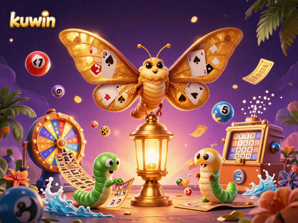 Kuwin showcases a vibrant scene with casino elements and a colorful lottery theme