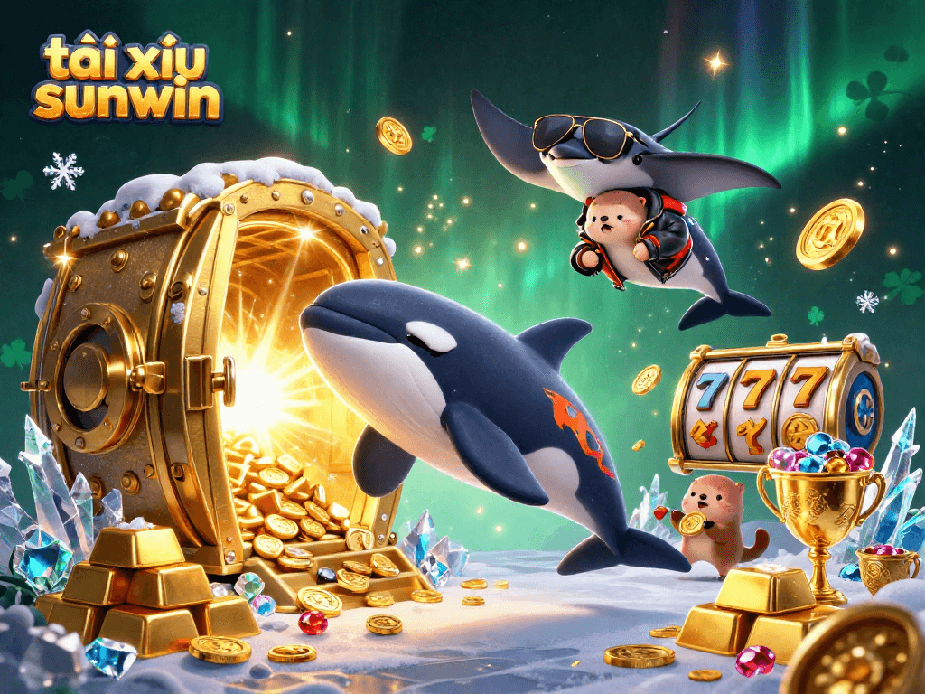 Tài xỉu sunwin captures an orca whale and friends celebrating a jackpot in a colorful casino scene.