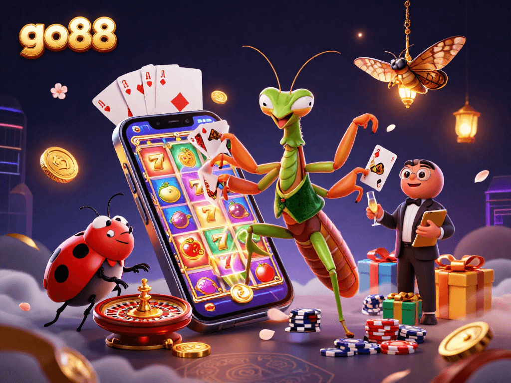 go88 showcases a dynamic casino scene with a giant mantis card sharp and vibrant slot games.