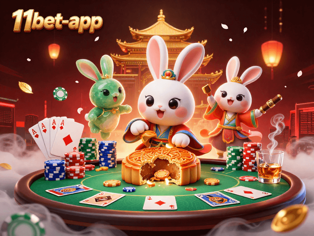 Experience the thrill of gaming with 11bet-app, showcasing a mystical moon rabbit and a vibrant poker scene.