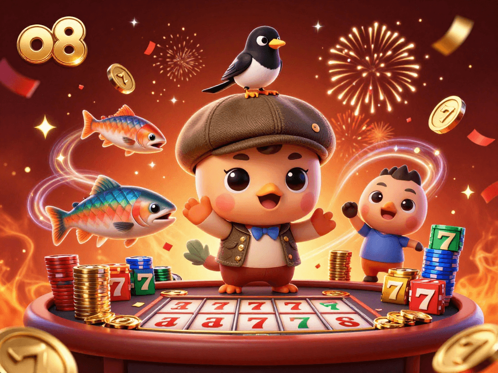 Spin the reels at o8 with cartoon characters celebrating in a vibrant casino scene full of jackpots.