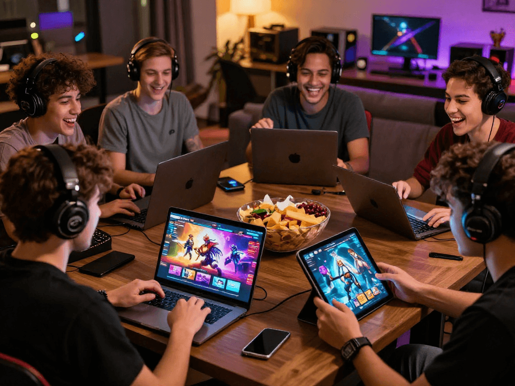 Players enjoying online porn games across devices in a lively gaming environment.