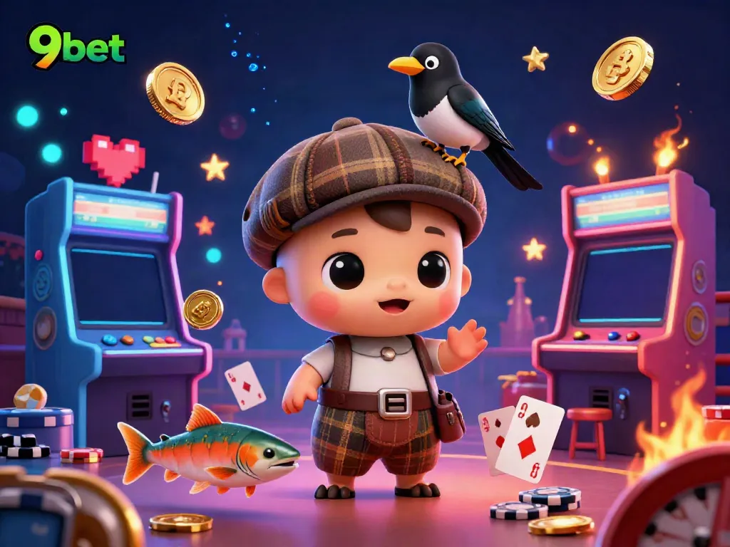 Experience thrilling gaming action with 9bet's vibrant casino scene, featuring playful characters and colorful elements.