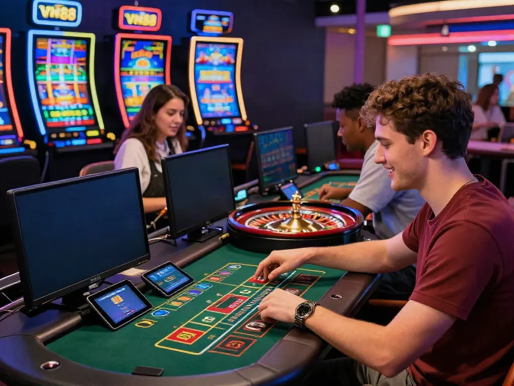Online gaming experience at https://vin88.team/ with players engaged in casino games amidst vibrant atmosphere.