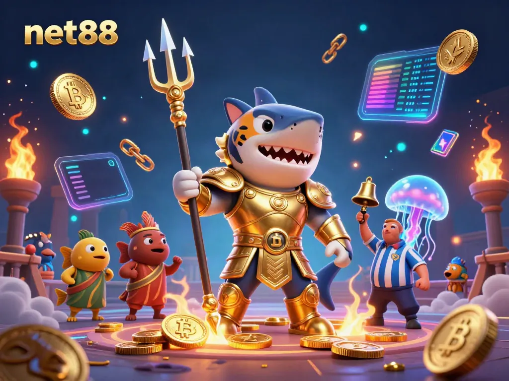Engage in thrilling bets at net88 with a 3D cartoon fantasy scene featuring a tiger shark gladiator.