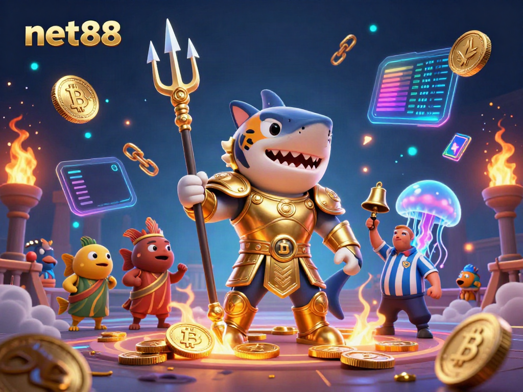 Engage in thrilling bets at net88 with a 3D cartoon fantasy scene featuring a tiger shark gladiator.