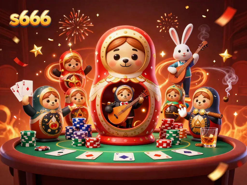 S666 showcases an energetic casino scene with cartoon bears and a rabbit enchanting players.