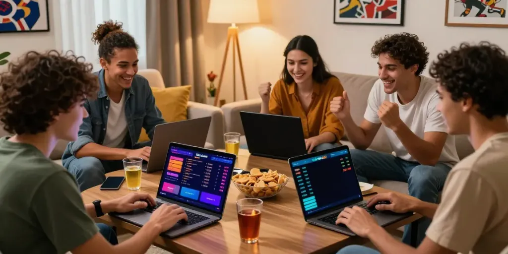 Friends enjoying online betting experience with Nhà cái zbet in a cozy living room.