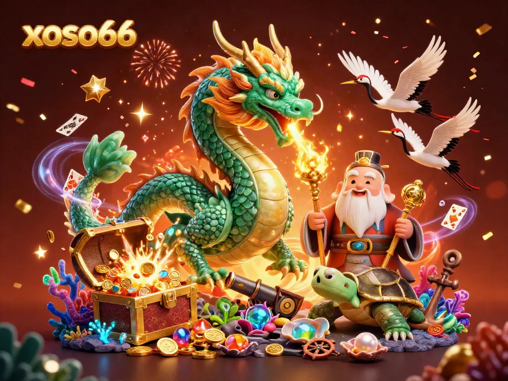 Engage with xoso66 through a vibrant 3D digital casino illustration featuring a jade dragon and lively game elements.