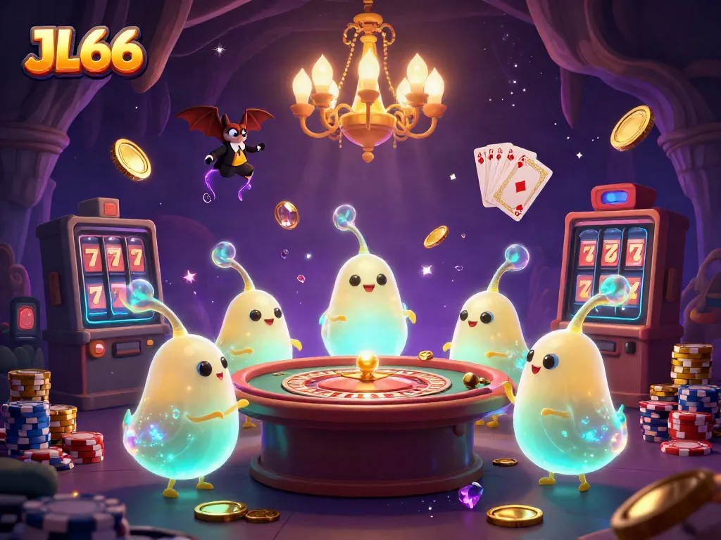 JL66 glowworms illuminate a vibrant cave casino scene, showcasing colorful gaming elements.