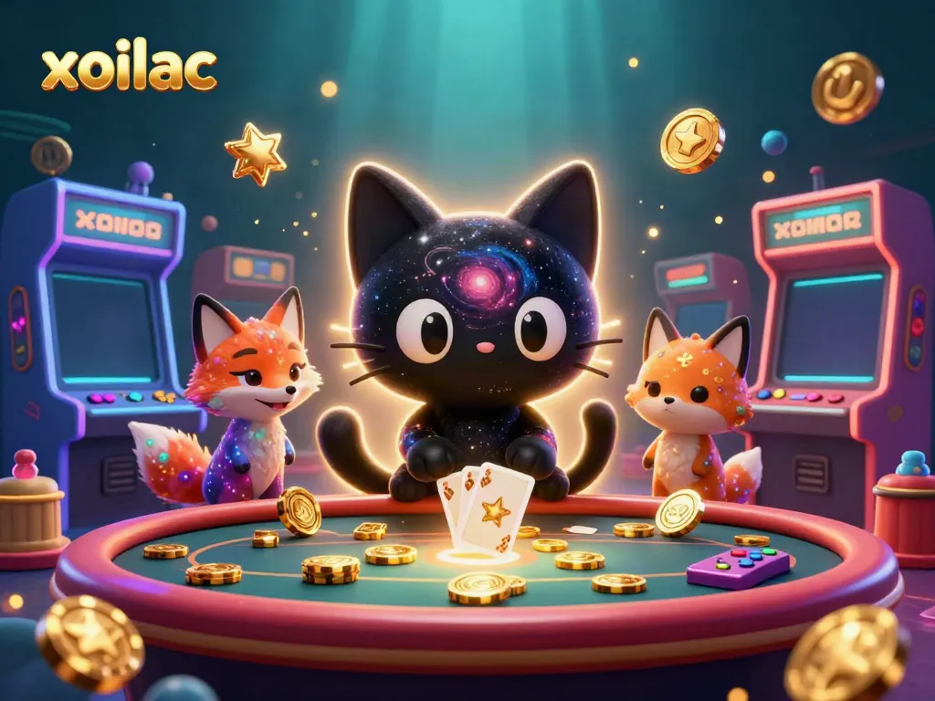 Engage with the cosmic casino adventure of xoilac where a black hole cat draws in golden chips and cards.