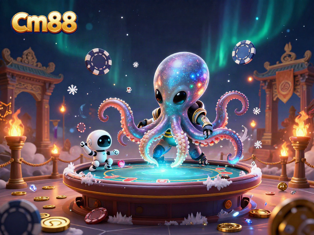 cm88 alien octopus playing poker with floating chips among gold coins in a cosmic casino