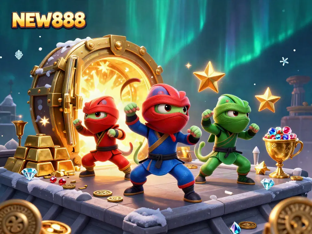 The ninja chameleon team showcasing NEW888's vibrant casino atmosphere, surrounded by treasures and excitement.