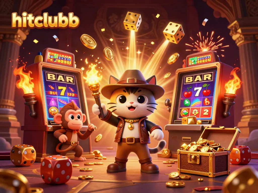 Hitclubb game explorer cat discovers treasures in a vibrant casino scene.