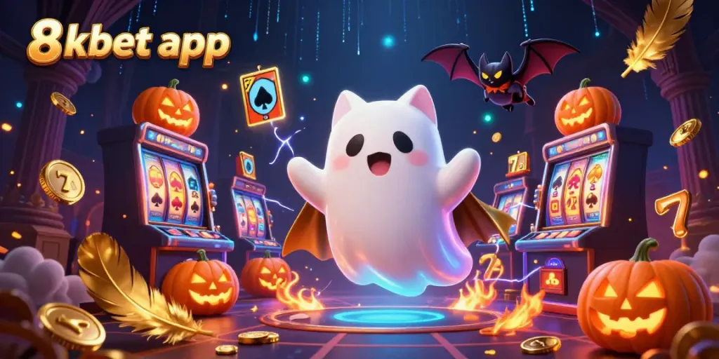 Experience the excitement of the 8xbet app with a cute ghost cat in a vibrant casino scene.