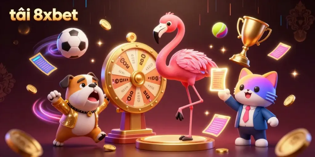 Experience the excitement with tải 8xbet as a flamingo host spins a golden prize wheel, surrounded by dynamic sports elements.