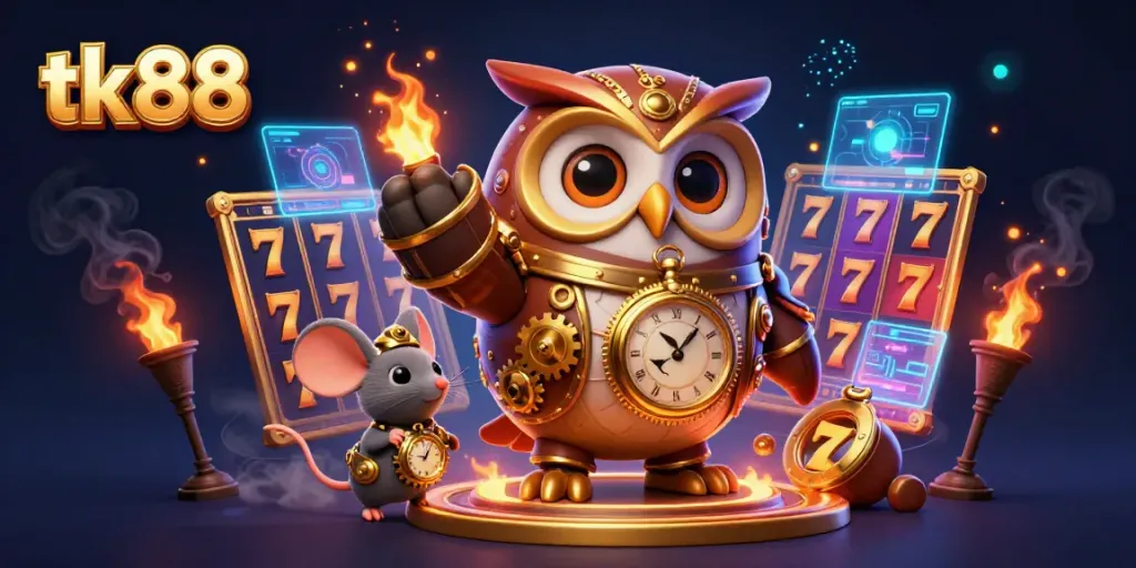 Experience thrilling gaming adventures at tk88 with a time-traveler owl and vibrant slot elements.