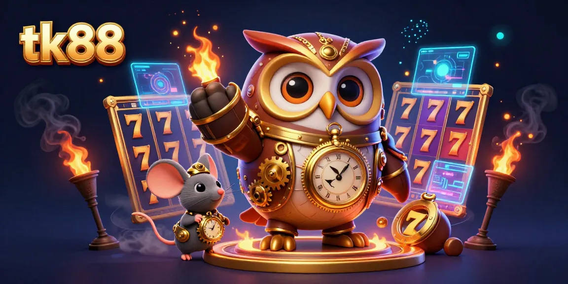 Experience thrilling gaming adventures at tk88 with a time-traveler owl and vibrant slot elements.
