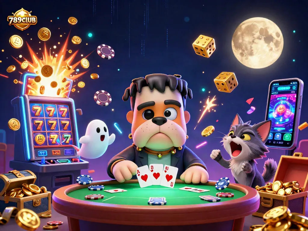 Enter the thrilling world of 789CLUB with a vibrant casino scene featuring a Frankenstein bulldog dealer at a spooky table.