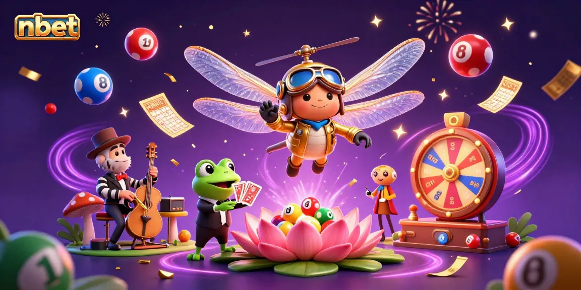 Experience the thrill of nbet with a vibrant casino scene featuring a dragonfly pilot, frog dealer, and jazz musicians.
