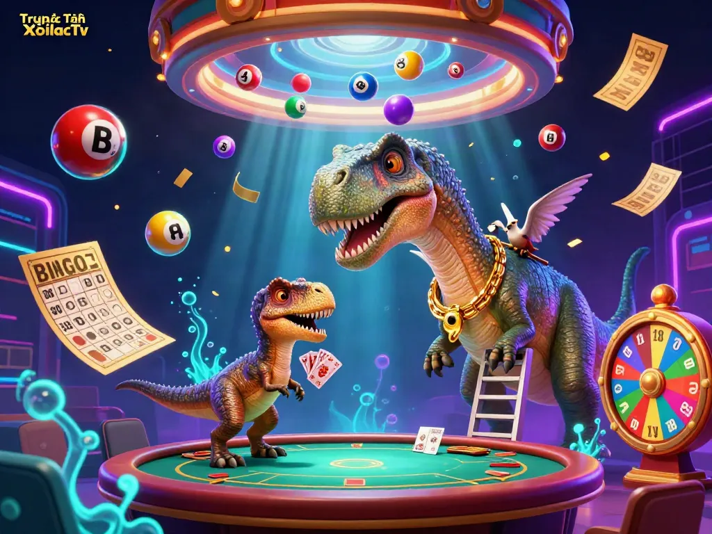 View Trực Tiếp XoilacTv featuring vibrant 3D casino elements embodied in a lively illustration.