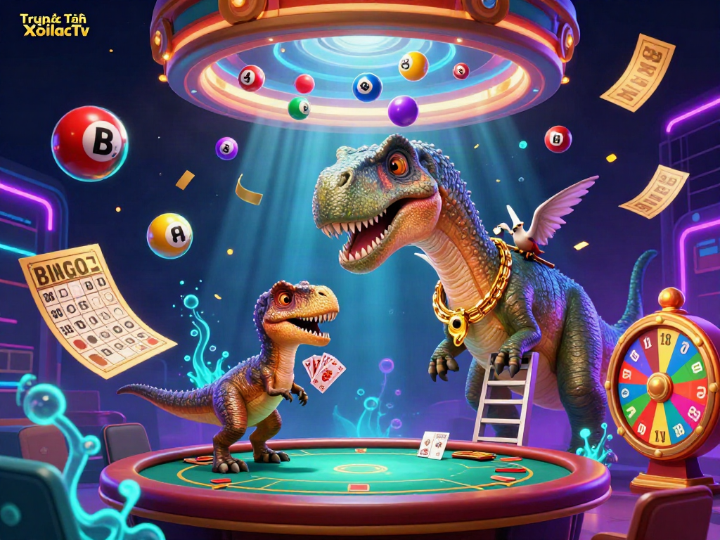 View Trực Tiếp XoilacTv featuring vibrant 3D casino elements embodied in a lively illustration.