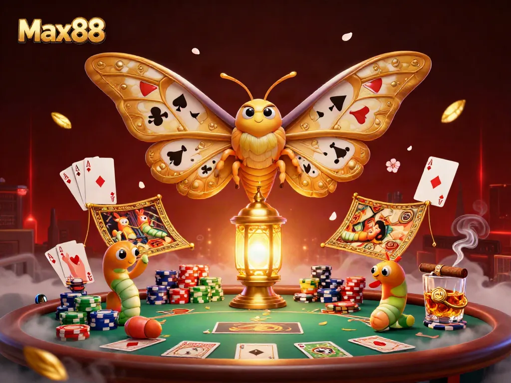 Experience the excitement of Max88's casino scene with a golden-winged atlas moth and vibrant poker elements.