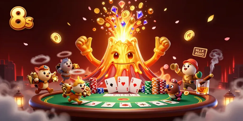 Experience the excitement of 8s with a dynamic casino scene featuring a triumphant volcano and treasure-filled animals.