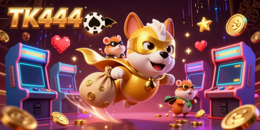 Engage in thrilling gaming with TK444, featuring a superhero dog and hamster in an exciting casino scene.