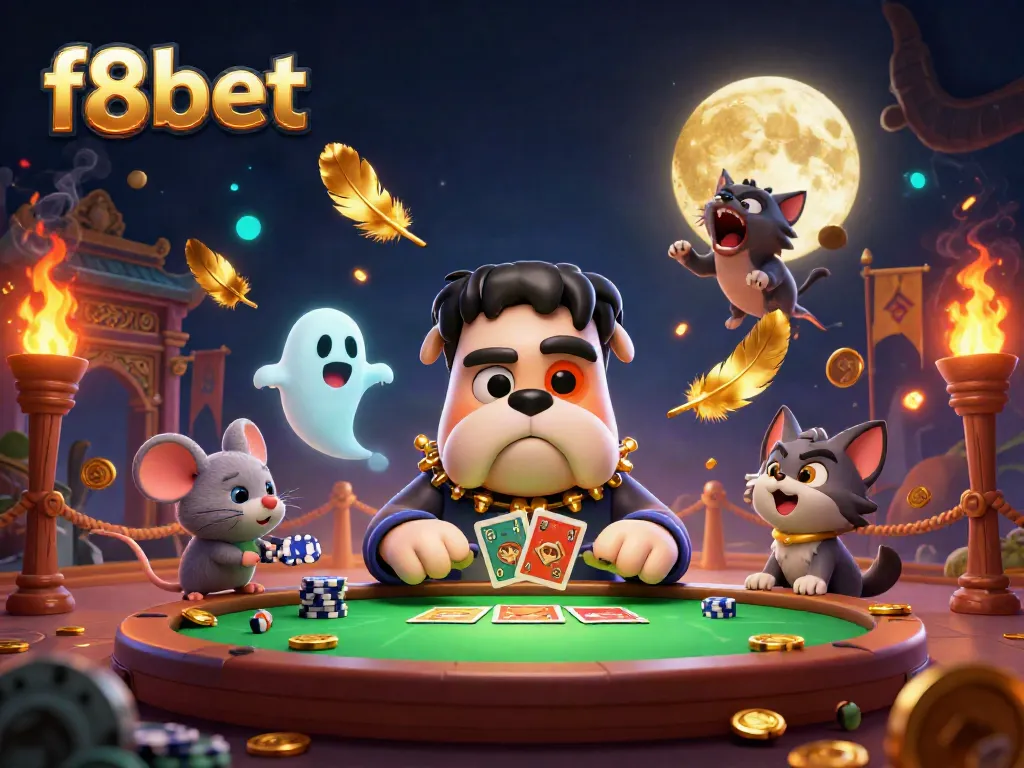 Join the fun at f8bet with a colorful scene featuring a Frankenstein bulldog dealing cards at a casino table.