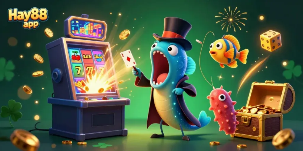Spin to win with Hay88 app featuring a vibrant casino scene with unique characters.