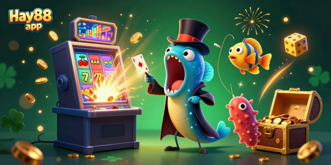 Spin to win with Hay88 app featuring a vibrant casino scene with unique characters.