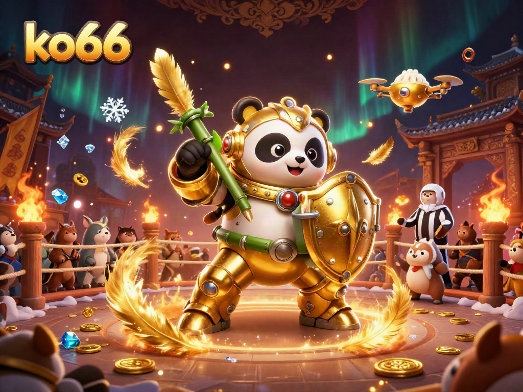 Experience thrills at ko66 with a mech-suit panda battling in a dynamic casino arena filled with excitement.