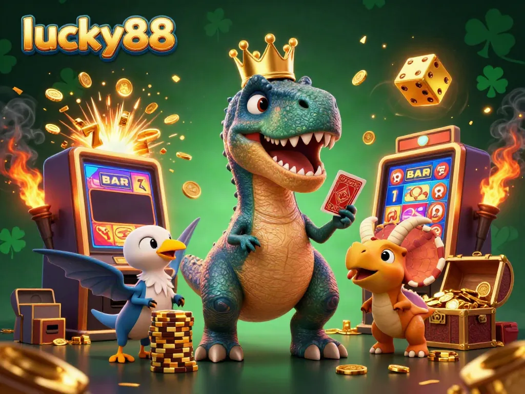 Experience thrilling gameplay with lucky88 as cartoon dinosaurs enjoy vibrant casino action.