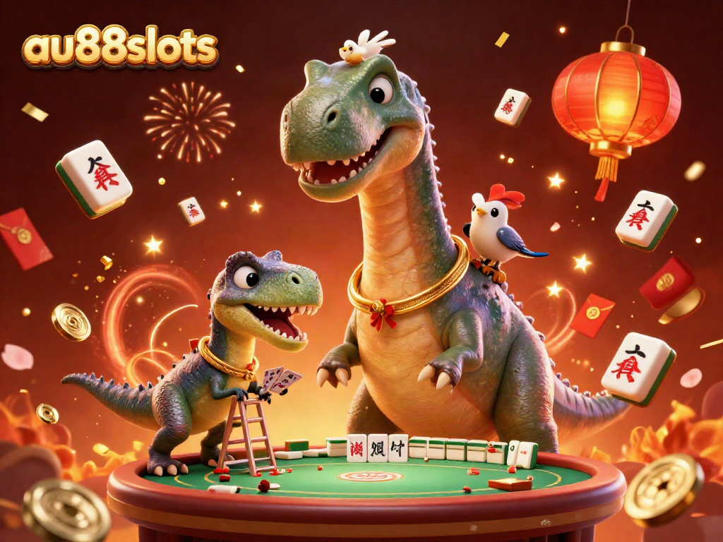 Engage in thrilling action at au88slots with a dinosaur-themed casino scene of card dealing and festive elements.