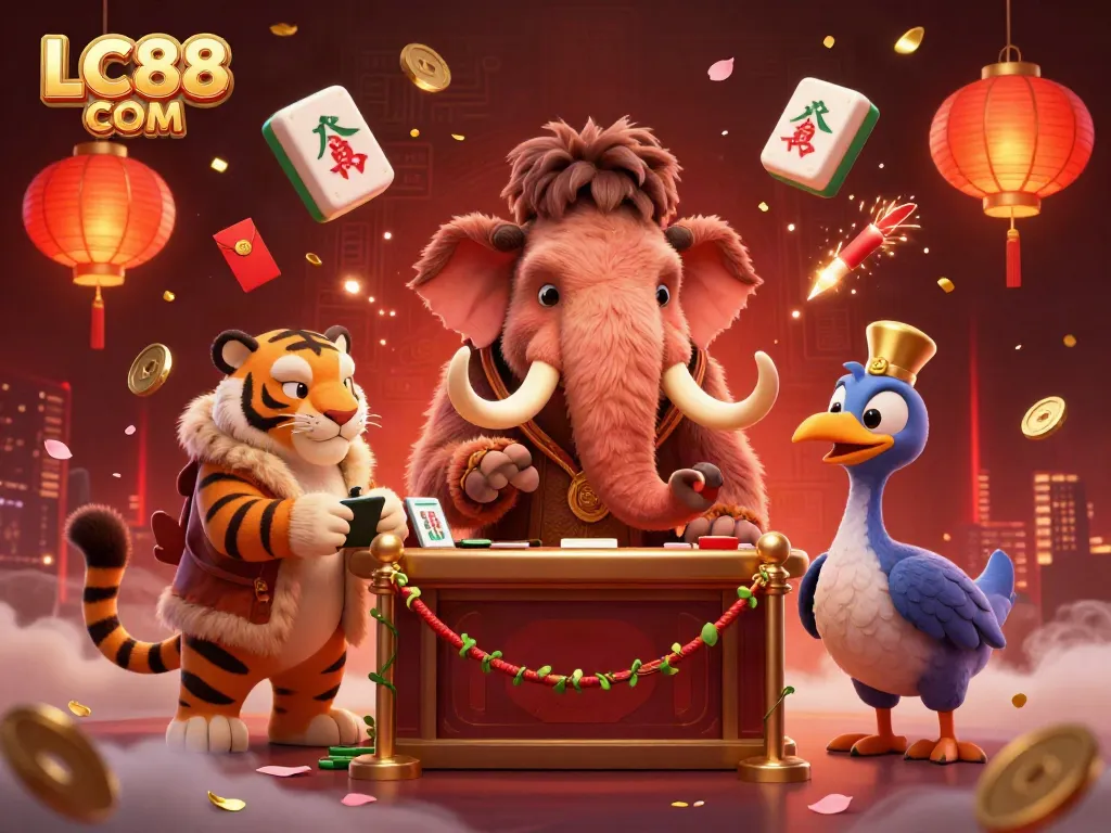 Experience the lively atmosphere of LC88 COM casino with a 3D woolly mammoth bouncer, a saber-tooth tiger guest, and vibrant gaming elements.
