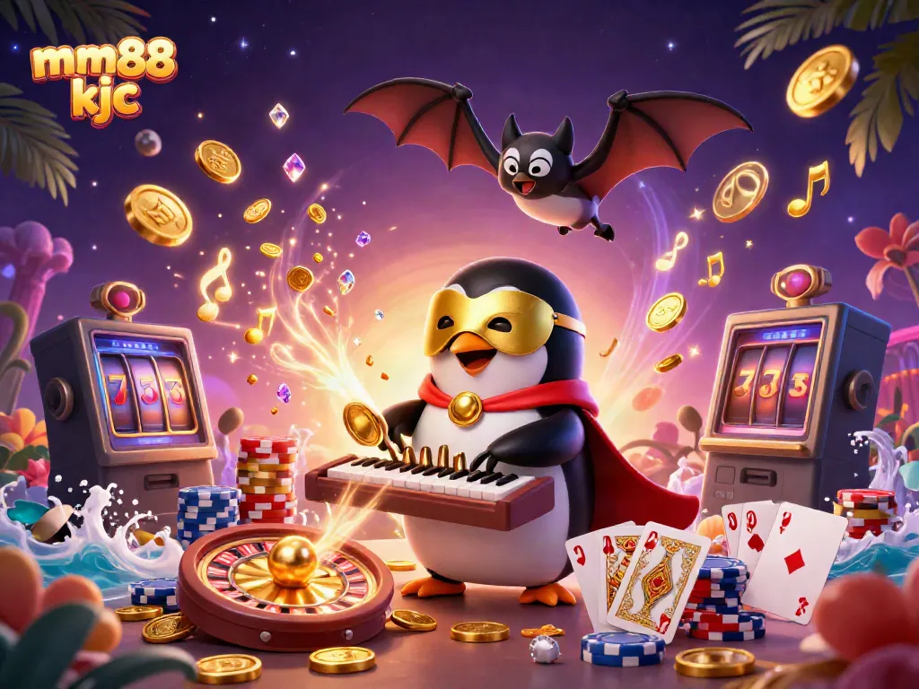 Experience the magic of mm88 kjc with a whimsical casino scene featuring a playful penguin and flying coins.